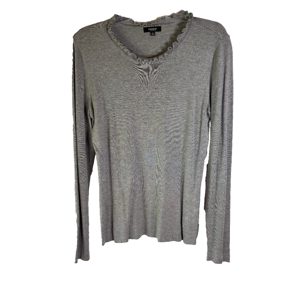 Premise Studio Sweater Grey Women's Size M Ruffle Neck Minimalist